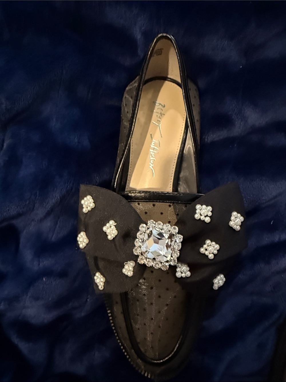 Black Embellished Bow Loafers with Crystal Accent. Betsy Johnson - Picture 6 of 6